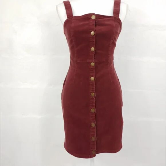 Billabong 90s Maroon Red Corduroy Jumper Overalls Dress Square Neck XS Small - Picture 3 of 13